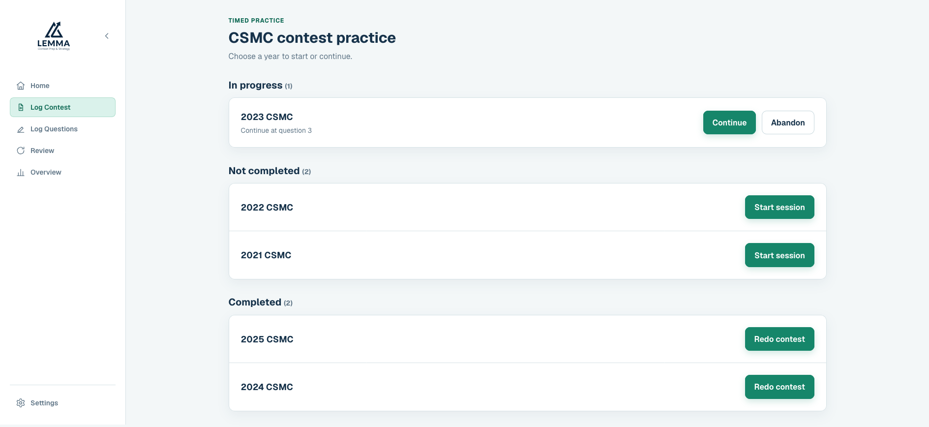 A CSMC contest bank grouping Waterloo contest attempts as in progress, not completed, and completed.