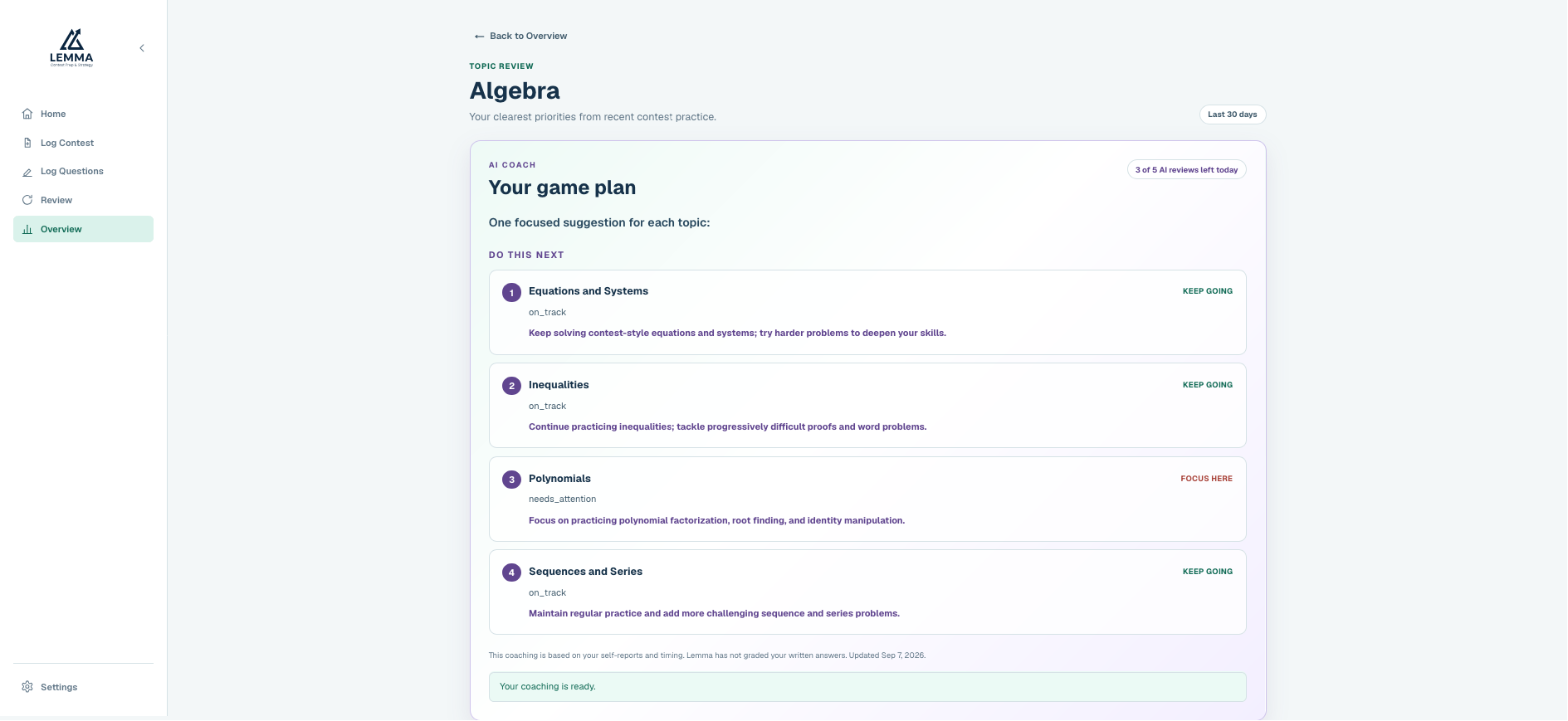 A personalized Algebra game plan with ranked recommendations for what to practise next.